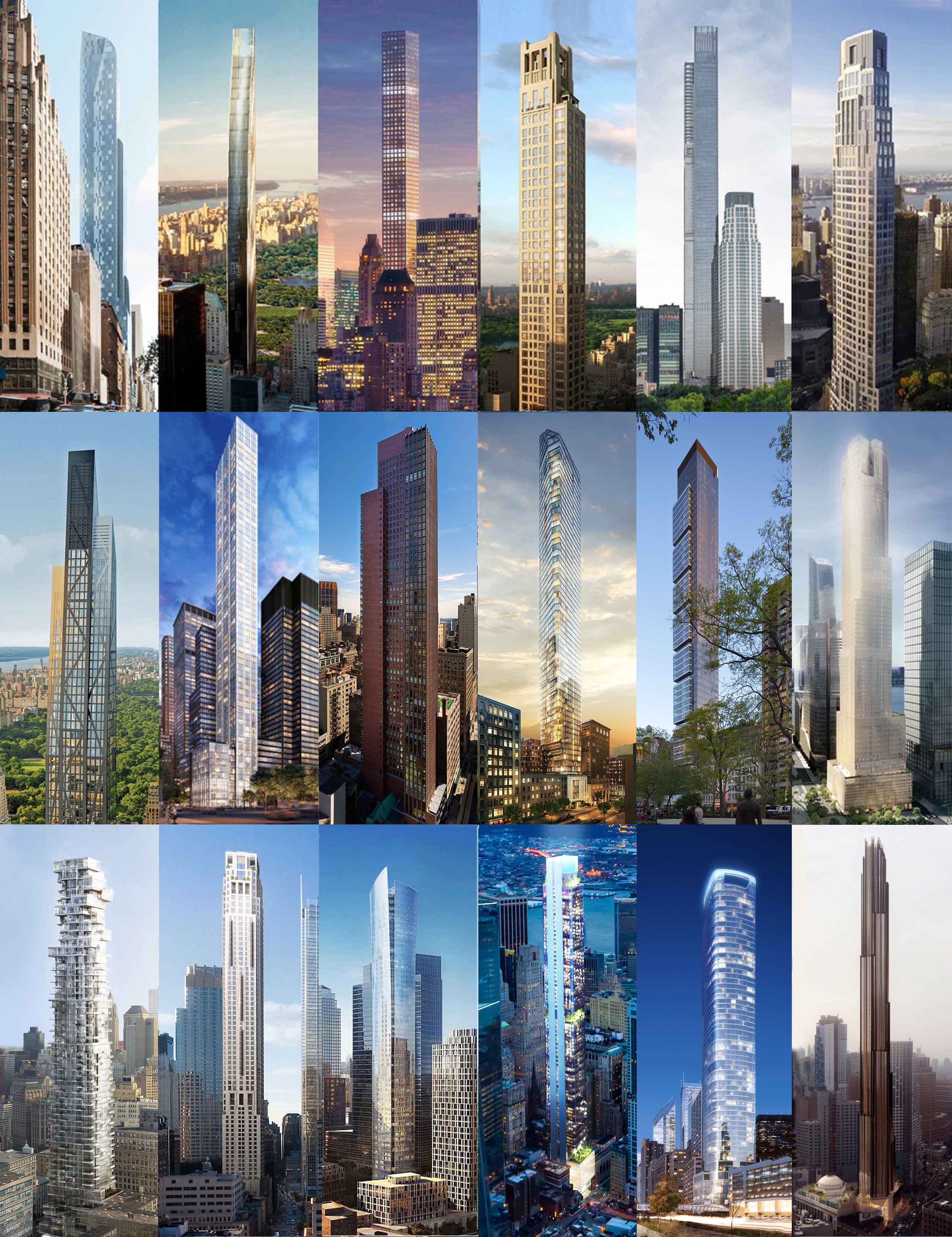 skyscrapers, One57, 111 West 57th Street, 432 Park Avenue, 520 Park Avenue, Central Park Tower, 220 Central Park South, 53W53rd, 100 E 53rd Street, Sky House, 45 E 22nd Street, One Madison, 35 Hudson Yards, 56 Leonard, 30 Park Place, 111 Murray Street, 125 Greenwich Street, 50 West Street, 9 DeKalb, new york architecture, nyc skyscrapers, luxury residential, residential skyscraper, new york's super-slenders, slender skyscrapers